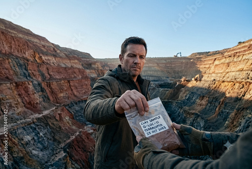 Low-angle perspective looking upwards. Geologist passing a clearly labeled plastic sample bag (containing terracotta clay) to an assistant (only assistant's hands and bag visible). Looking down toward