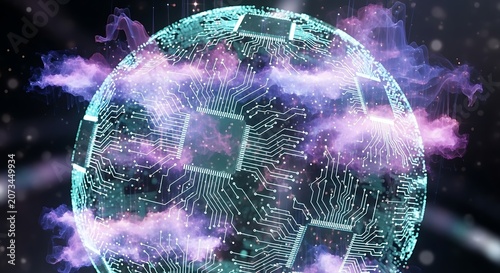 Futuristic Digital Sphere Featuring Intricate Circuit Board Patterns and Ethereal Nebula Clouds for Advanced Technological Visualization