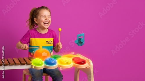 Girl with marimba sticks in hand playing and smiling against pink background  