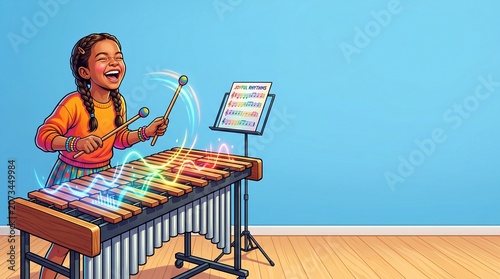 Girl with marimba sticks playing joyfully in a colorful room  