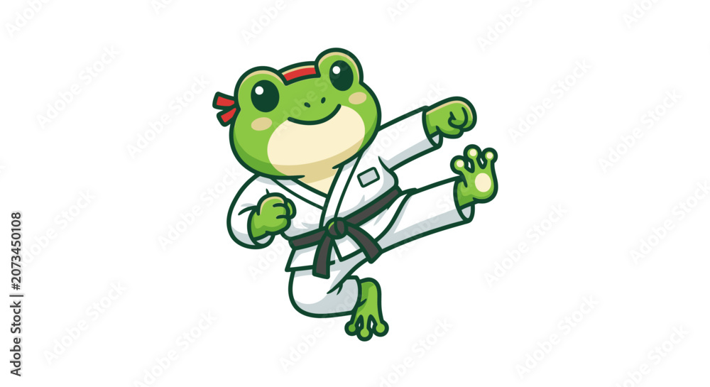 Obraz premium A cute green frog performs a martial arts kick in uniform