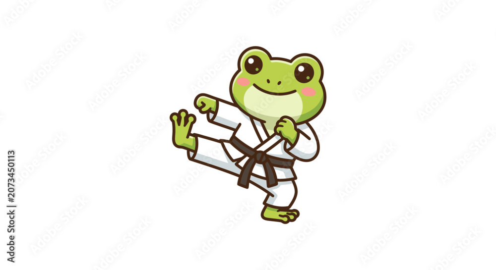 Fototapeta premium A cute green frog performs a martial arts kick in uniform