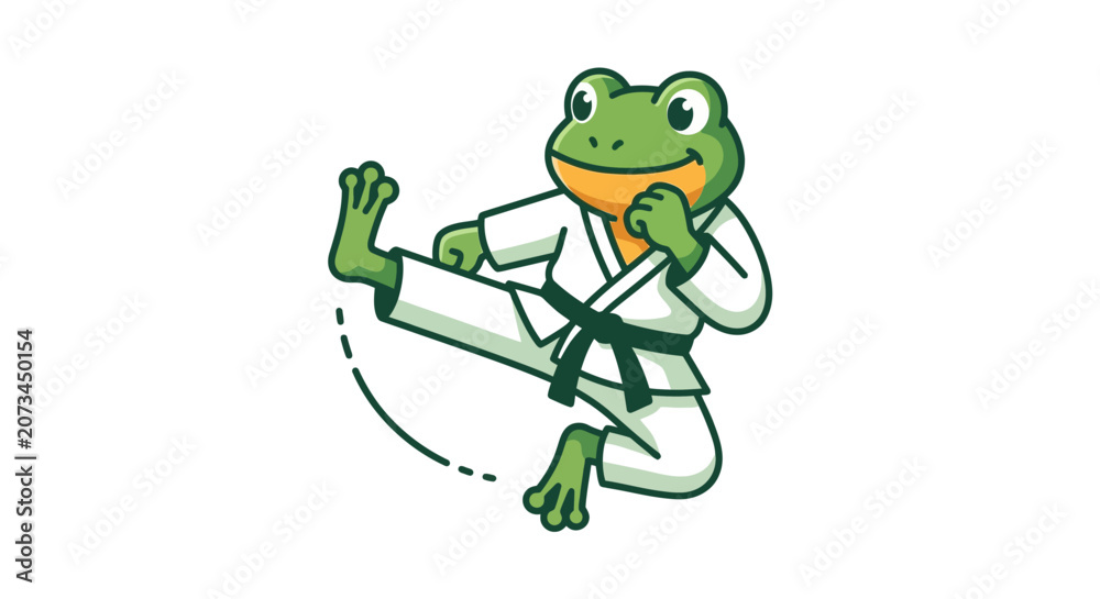 Fototapeta premium A cute green frog performs a powerful martial arts side kick