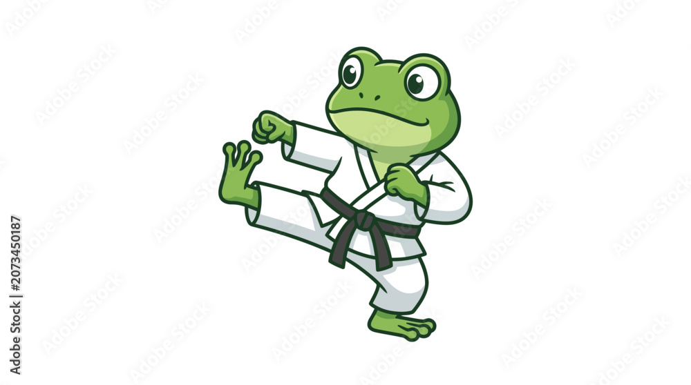 Fototapeta premium A cute green frog performs a powerful martial arts side kick