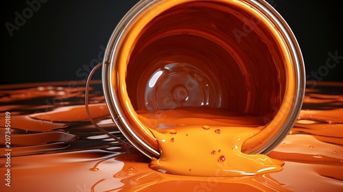 A photo of a gallon of orange paint with a lid open.