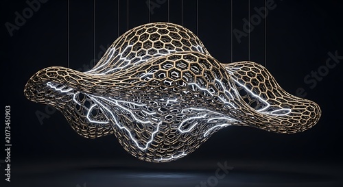 Abstract Futuristic Glowing Honeycomb Mesh Sculpture Hanging on Dark Background
