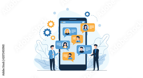 People communicate through chat bubbles on a large smartphone screen, illustrating digital communication and social media connection.