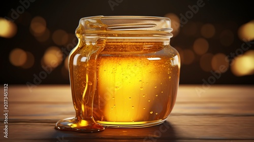 A photo of a jar of honey with a shiny golden texture.