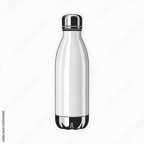 Vector Realistic 3d White, Silver and Black Empty Glossy Metal Reusable Water Bottle with Silver Bung Set Closeup Isolated on White Background. Design template of Packaging Mockup. Front View