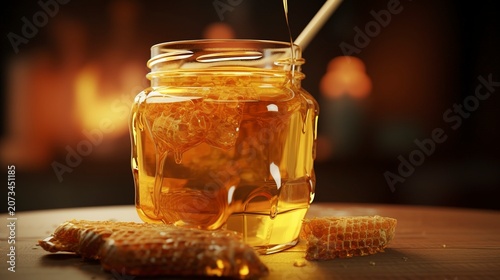 A photo of a jar of honey with honeycomb chunks inside.