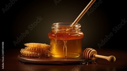 A photo of a jar of honey with a wooden honey stick