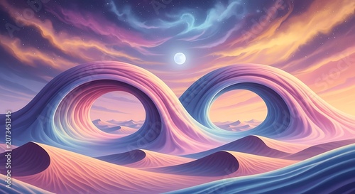 Surreal infinity landscape with swirling cosmic dunes and a luminous celestial body under a pastel sky