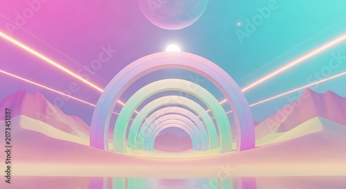 Surreal Dreamscape Featuring Pastel Arches in a Minimalist Futuristic Desert Landscape with Glowing Neon Horizon