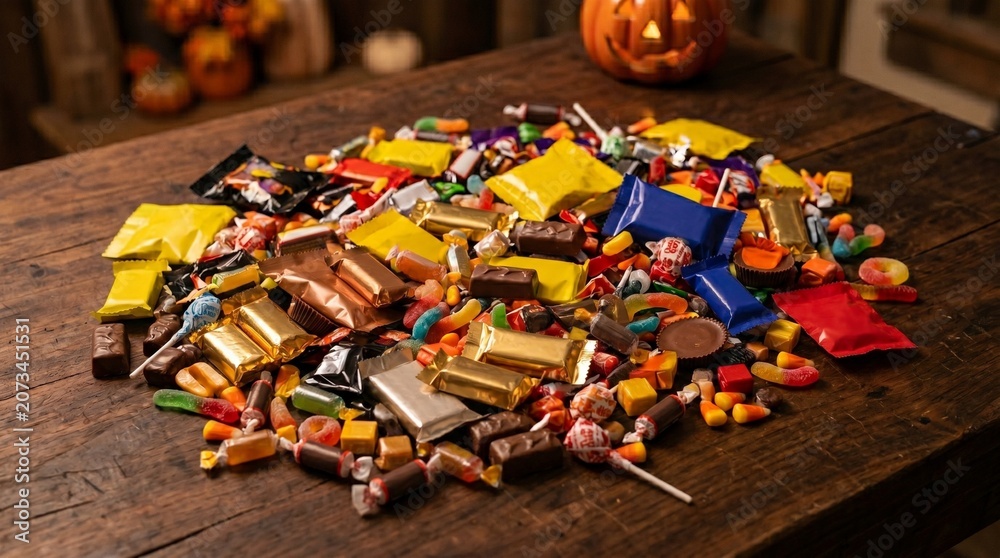 Fototapeta premium Abundant Halloween candy pile on rustic wooden table with carved pumpkin in background