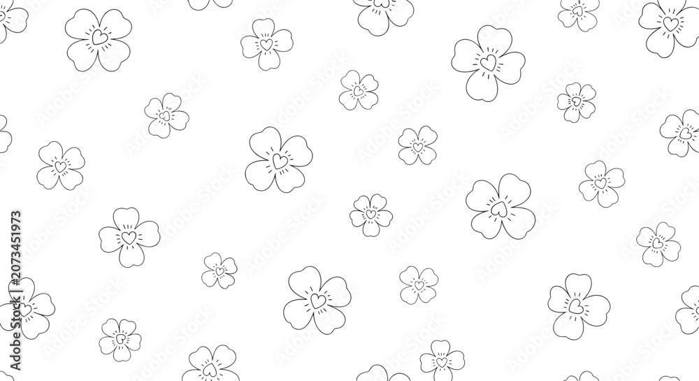 Fototapeta premium Minimalist pattern of simple four-leaf clover outlines with small hearts in the center scattered on a white background.