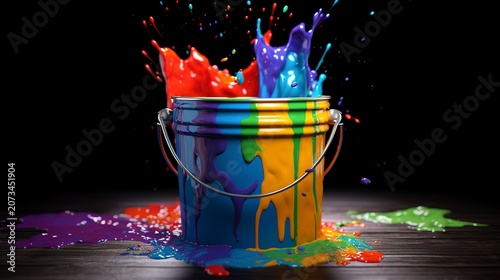 A photo of a paint gallon with paint splatters.