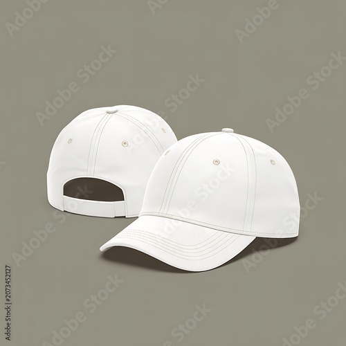 White baseball caps mockup on a grey background, front and back side.