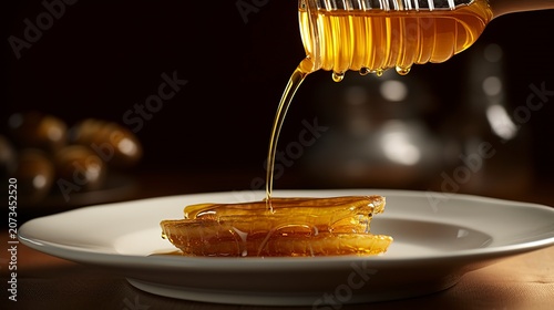A photo of honey flowing from a jar onto a white plate.