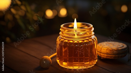 A photo of honey in a glass jar with a beeswax candle.