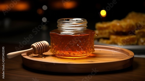A photo of honey in a jar on a wooden serving tray