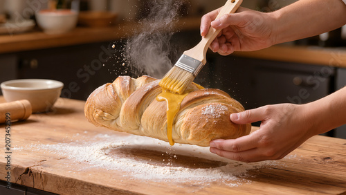 Hands Brushing Glaze on Raw Bread Dough Baking Process