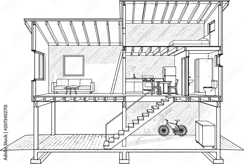 Fototapeta premium Architectural cross section drawing of a modern two story house with interior furniture and staircase layout design