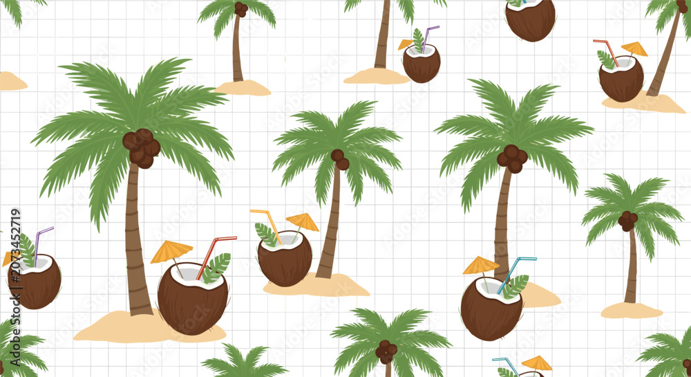 Obraz premium Tropical summer pattern featuring palm trees on sand islands and refreshing coconut drinks on a white grid background.