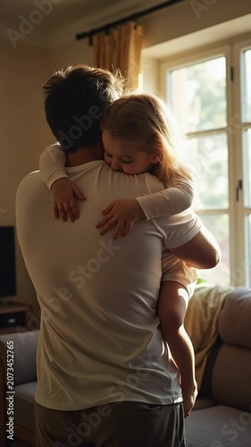 A loving father gently hugs his young daughter in a sunlit living room, expressing warmth, security, and family bonds in a comfortable, homey atmosphere.
