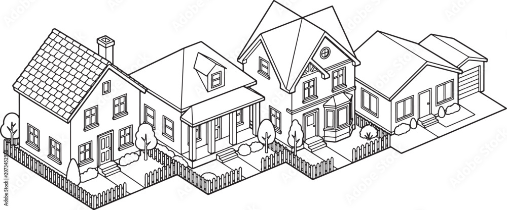 Obraz premium Isometric residential neighborhood street with various suburban houses and picket fences in a clean line art style