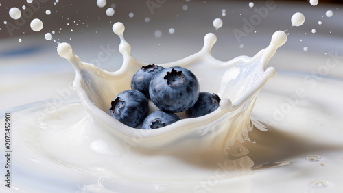 Fresh Blueberries Falling into Milk Splash with Droplets