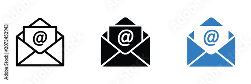 Email message icon with envelope and at symbol for digital communication, online contact, and newsletter delivery.