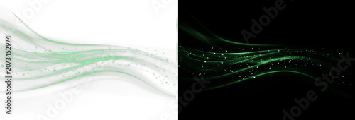 Cuadro en lienzo Abstract futuristic green neon light trails overlay, twin digital fiber optic wave speed lines on black and white background wide banner