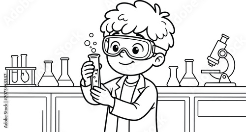 Cartoon child scientist in lab testing a vial with goggles and microscope