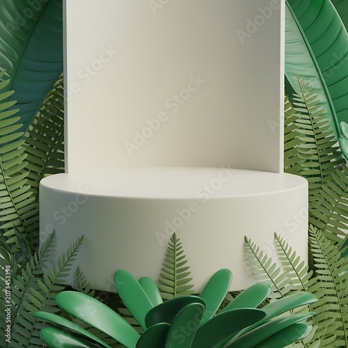 White product display podium with nature leaves. 3D rendering