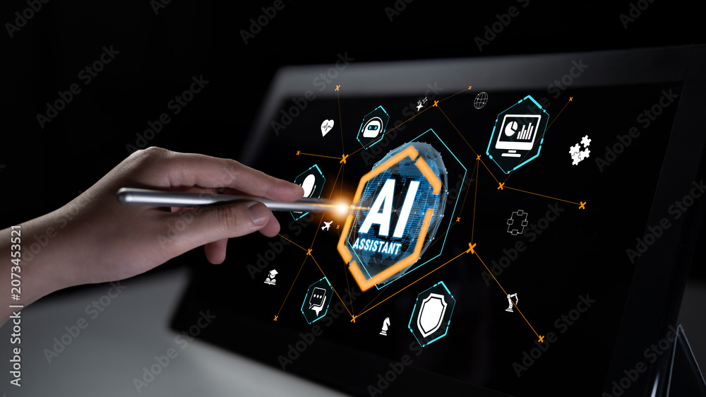 Fototapeta premium Hand Using Stylus on Touchscreen Display with AI Assistant Icons and Graphics Representing Modern Technology in Dark Environment Quark.