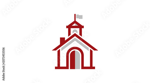 Minimalist red and white school building icon illustration.