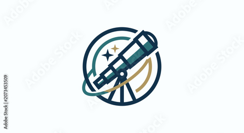 Minimalist telescope logo icon with orbit rings and stars.