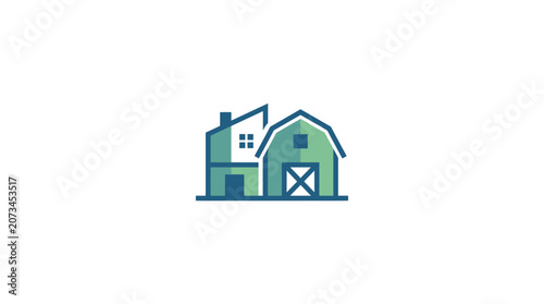 Minimalist vector line art icon of a modern farmhouse and traditional barn.