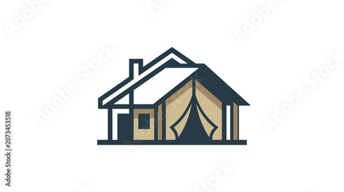 Minimalist vector logo design featuring a house combined with a camping tent.