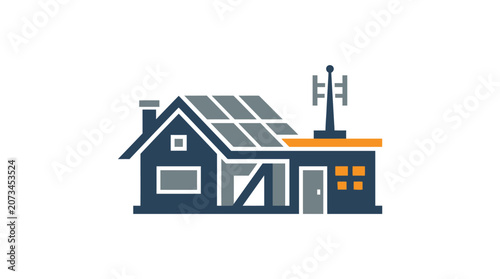 Modern smart house icon with solar panels and telecommunication antenna.