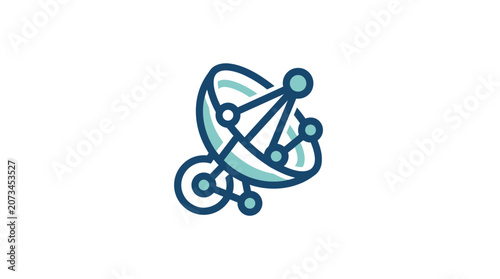 Satellite dish communication icon with digital network nodes.