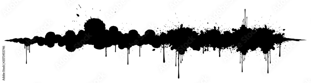 Obraz premium Horizontal black ink splatter divider with paint drips and spray, abstract grunge border vector element