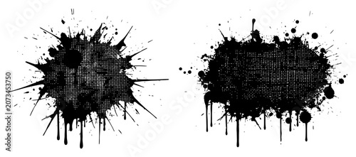 Foto Black ink splatters and grunge paint blobs with drips and halftone texture, vect