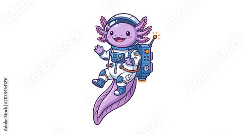 A cute purple axolotl wearing a white space suit floating around