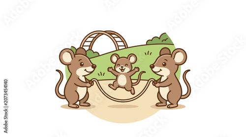 Three cute cartoon mice are playing with a jump rope together