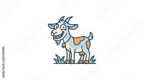 A happy cartoon goat stands on the green grass in nature