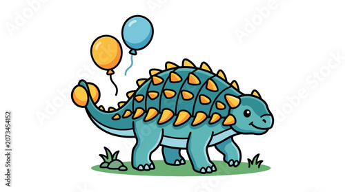 A cute cartoon dinosaur stands happily with two colorful balloons