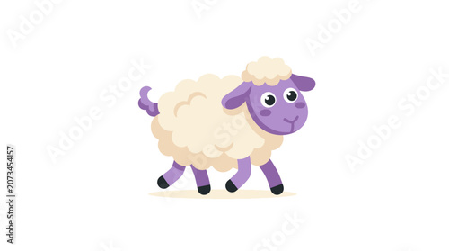 A cute cartoon sheep walks happily on a white background