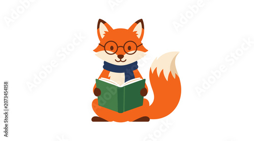 A cute orange fox wearing glasses is reading a green book
