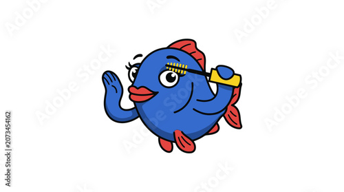 A cute blue fish applies makeup to its eye with brush